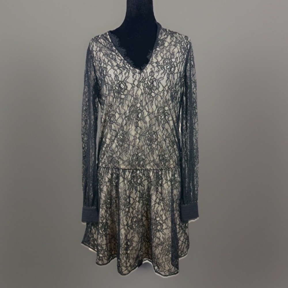 Alice And Olivia Deena Drop Waist Lace Dress Black/natural sz 6